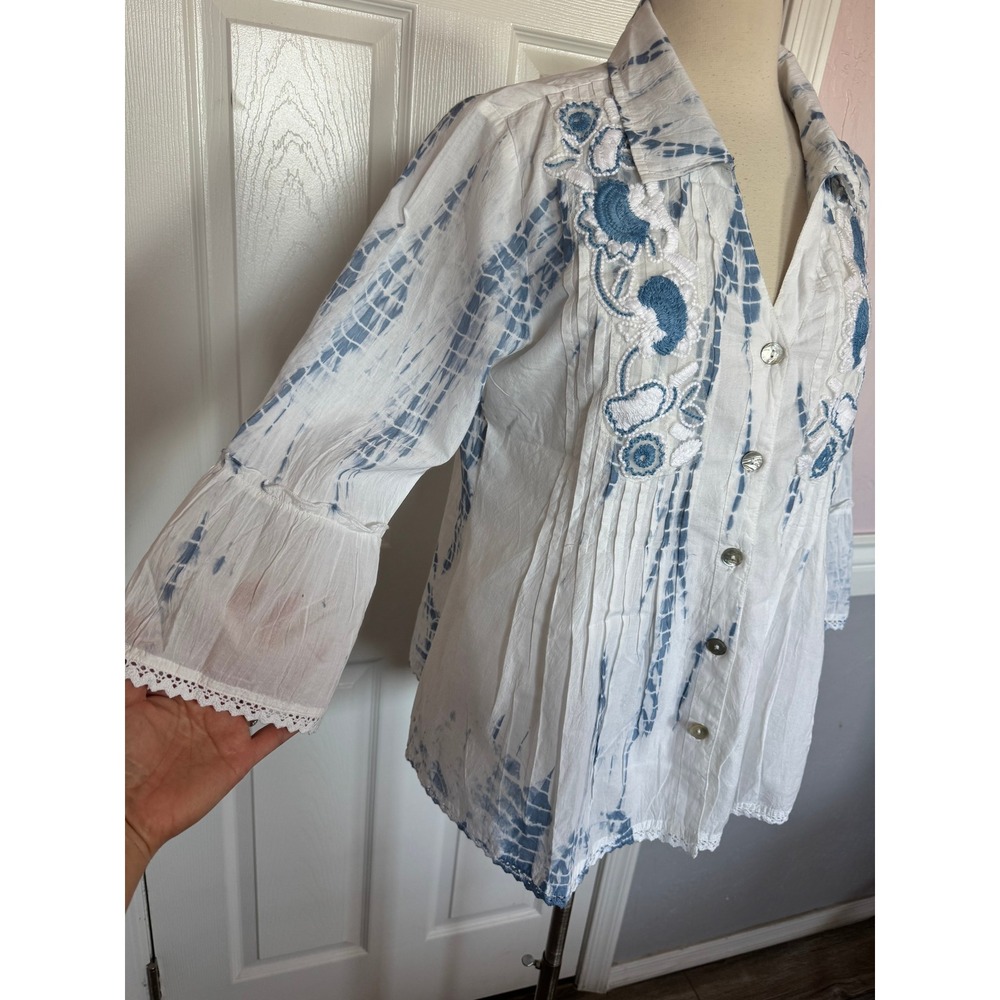 Parsley & Sage Womens Boho Tie Dye Embroidered Button Front Blouse White Blue M - Picture 4 of 12